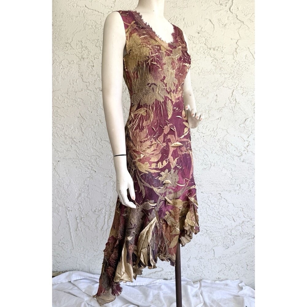 KOMAROV Dress Burgundy Gold Rustic Floral High Low Asymmetric Midi Hem Size M